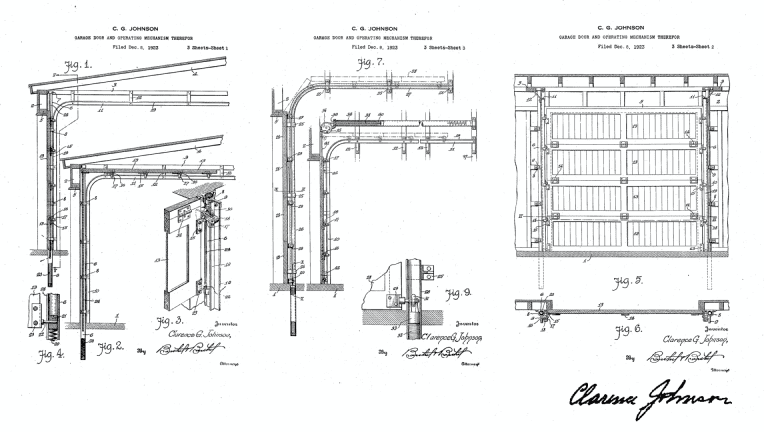 The original blueprint of the first garage door in 1921. The patent became part of the History of the Overhead Door Company that we know today. This drawing is about the history of the Overhead Door Company and who signed the original patent.