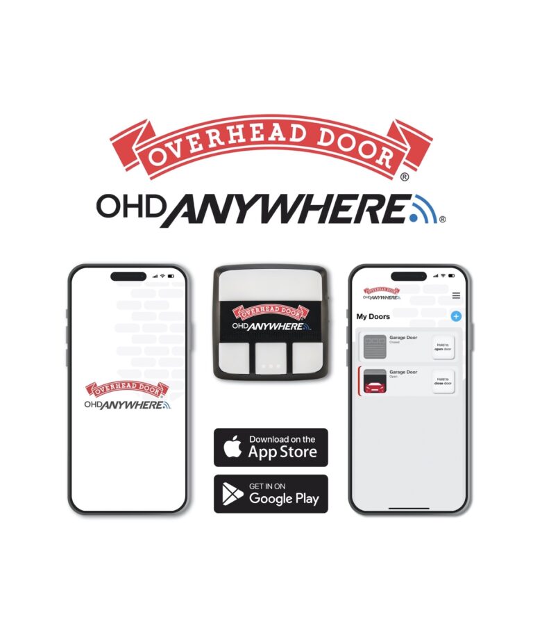 A picture of the Overhead Door™ Company of Huntsville/North Alabama OHD anywhere app that works with a cell phone to allow the garage door to open and close. The red ribbon registered banner with the words Overhead Door on on top with a phone, a remote and the Google Appl logo for Androids and Apple phone