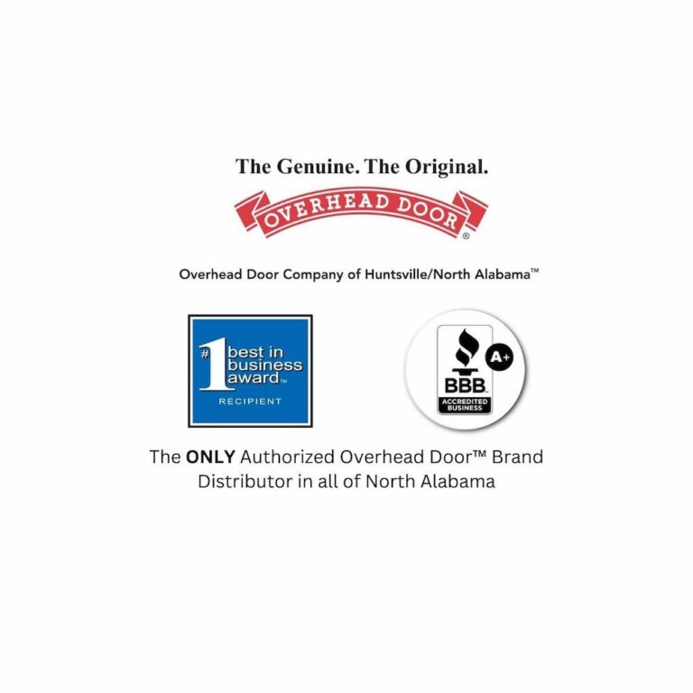The Words the Genuine . The Original Overhead Door with a Red Ribbon Logo registered trademark. Also, the Best in Business Award Logo along with the A+ Rated Better Business Logo. with the words the ONLY authorized Overhead Door Brand distributor in all of North Alabama.